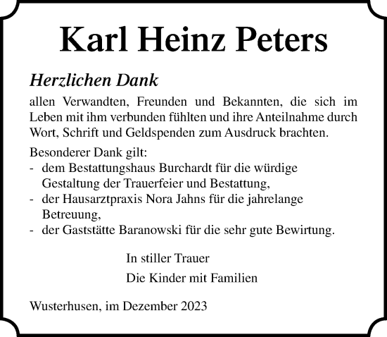 Traueranzeige von Karl Heinz Peters von Ostsee-Zeitung GmbH