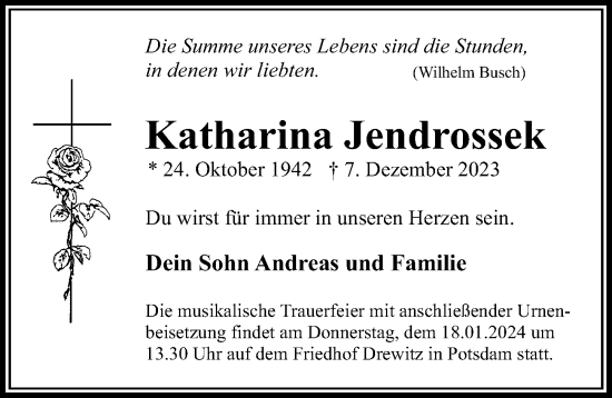 Traueranzeige von Katharina Jendrossek von Märkischen Allgemeine Zeitung