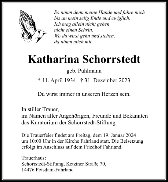 Traueranzeige von Katharina Schorrstedt von Märkischen Allgemeine Zeitung