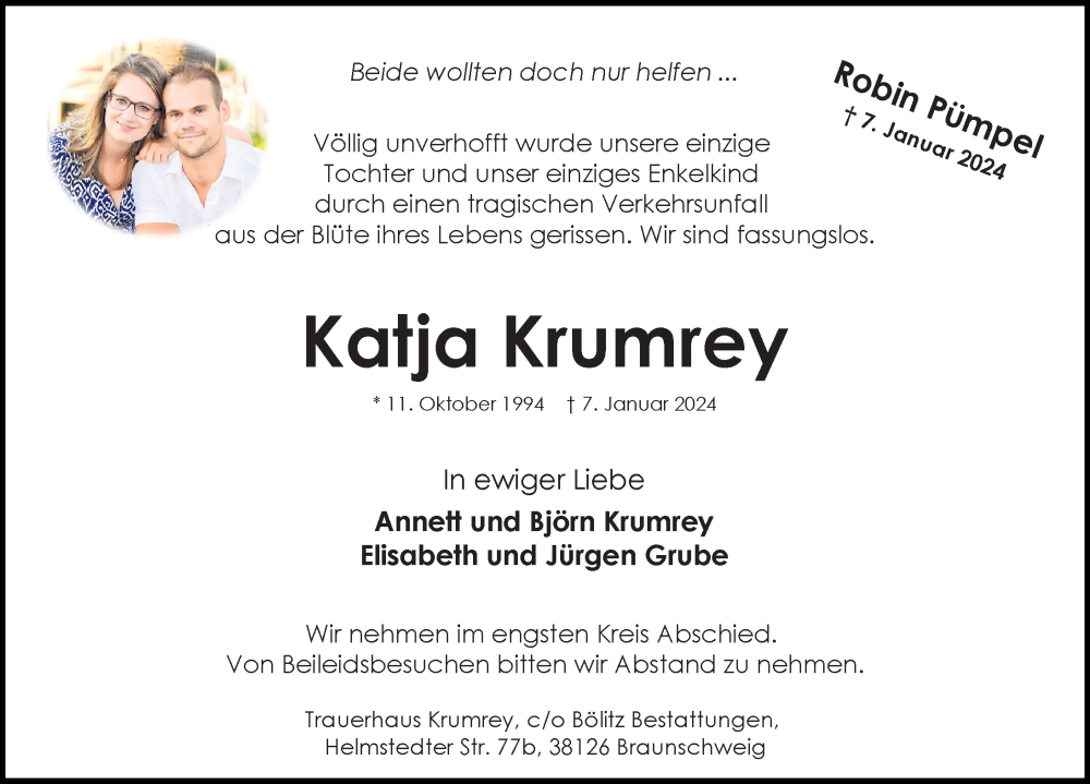  Traueranzeige für Katja Krumrey vom 18.01.2024 aus Peiner Allgemeine Zeitung