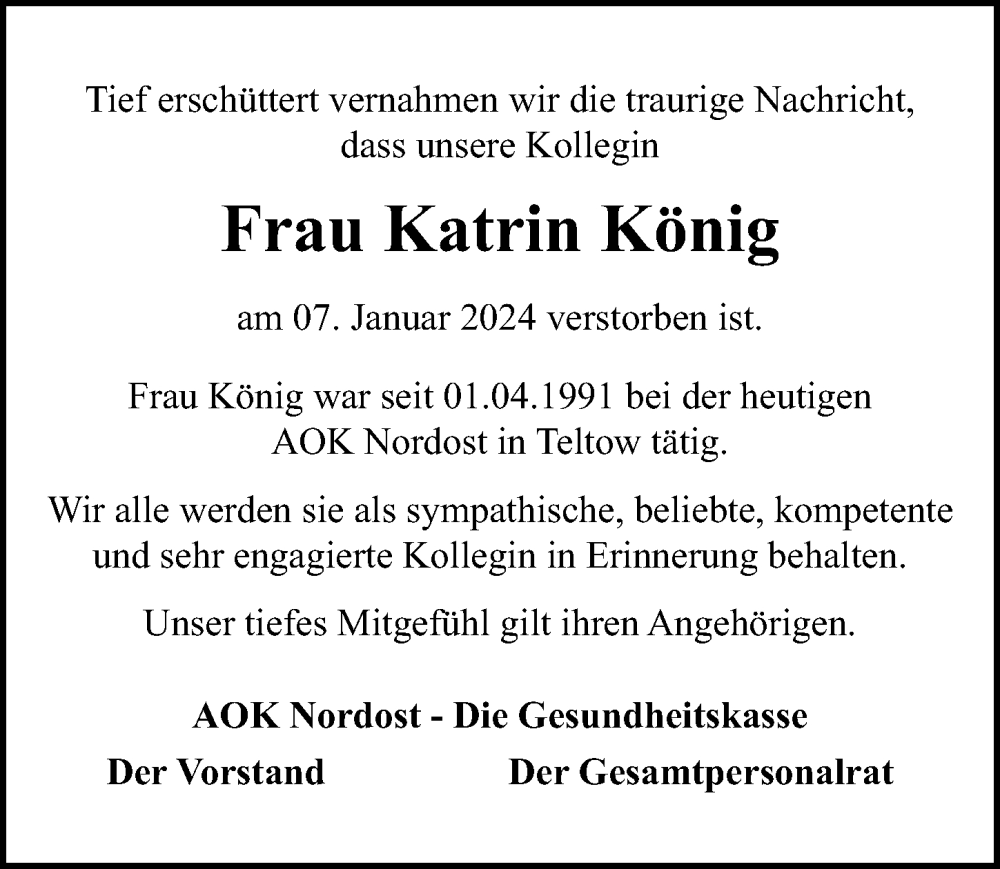  Traueranzeige für Katrin König vom 27.01.2024 aus Märkischen Allgemeine Zeitung