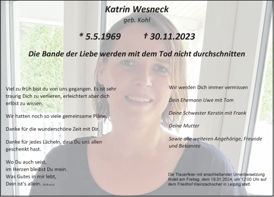 Traueranzeige von Katrin Wesneck von Leipziger Volkszeitung