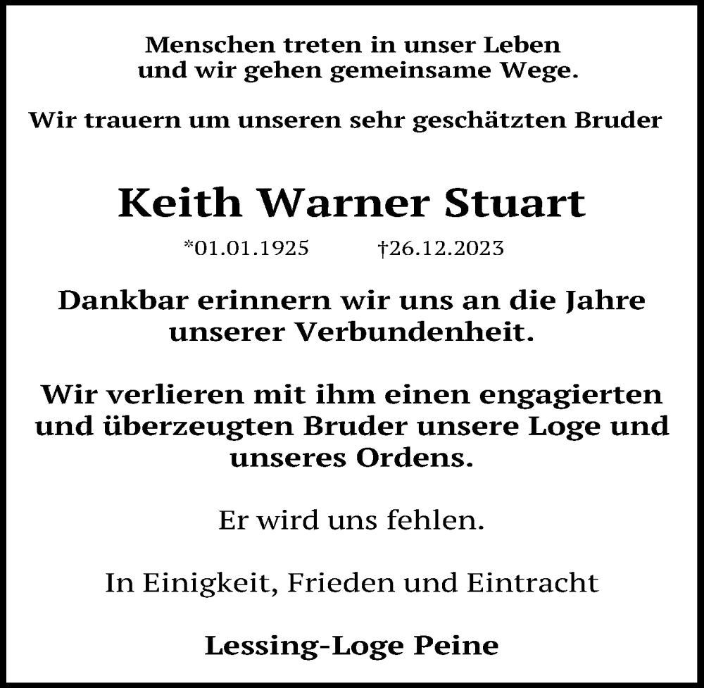  Traueranzeige für Keith Warner Stuart vom 06.01.2024 aus Peiner Allgemeine Zeitung