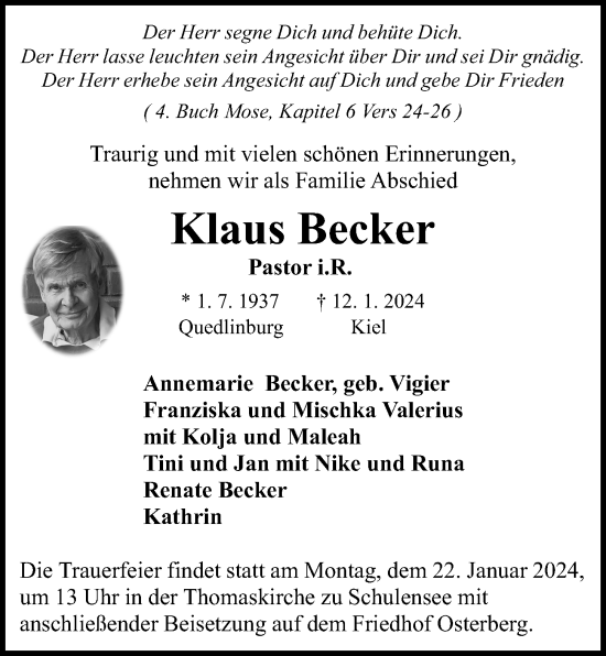 Traueranzeige von Klaus Becker von Kieler Nachrichten