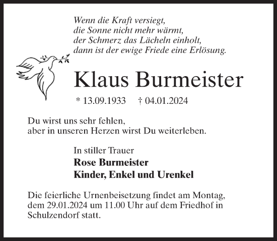 Traueranzeige von Klaus Burmeister von Märkischen Allgemeine Zeitung