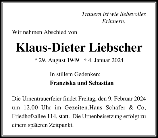 Traueranzeige von Klaus-Dieter Liebscher von Lübecker Nachrichten