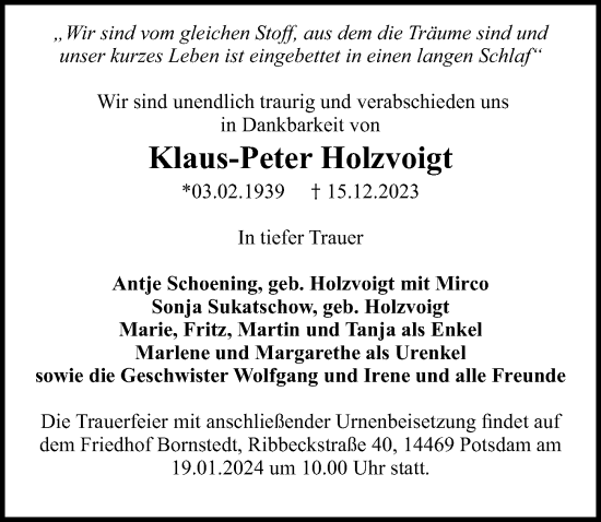 Traueranzeige von Klaus-Peter Holzvoigt von Märkischen Allgemeine Zeitung