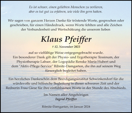Traueranzeige von Klaus Pfeiffer von Ostsee-Zeitung GmbH