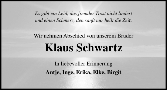 Traueranzeige von Klaus Schwartz von Lübecker Nachrichten