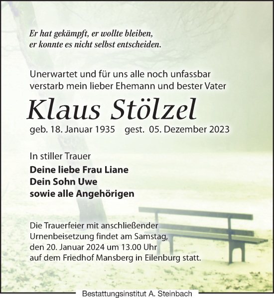 Traueranzeige von Klaus Stölzel von Leipziger Volkszeitung