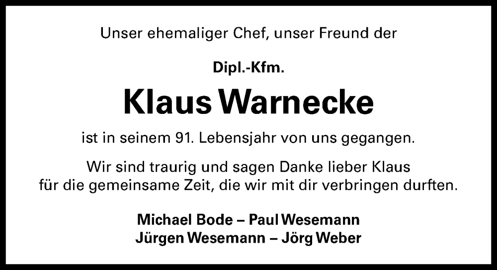  Traueranzeige für Klaus Warnecke vom 13.01.2024 aus Hannoversche Allgemeine Zeitung/Neue Presse