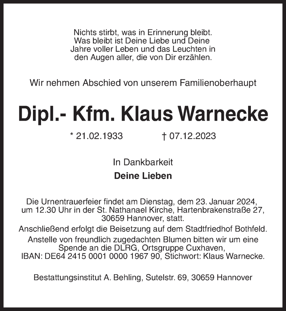  Traueranzeige für Klaus Warnecke vom 13.01.2024 aus Hannoversche Allgemeine Zeitung/Neue Presse