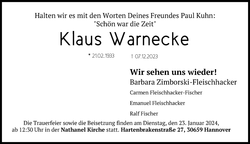  Traueranzeige für Klaus Warnecke vom 13.01.2024 aus Göttinger Tageblatt