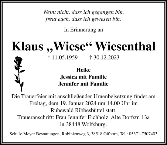 Traueranzeige von Klaus Wiesenthal von Aller Zeitung