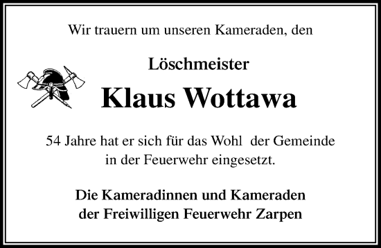 Traueranzeige von Klaus Wottawa von Lübecker Nachrichten