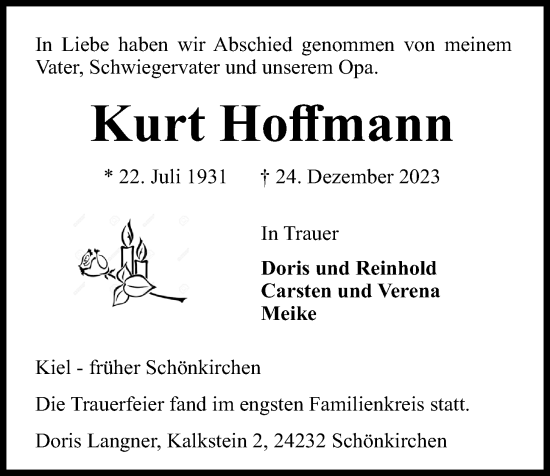 Traueranzeige von Kurt Hoffmann von Kieler Nachrichten