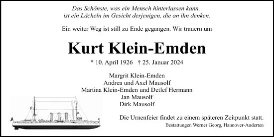 Traueranzeige von Kurt Klein-Emden von Hannoversche Allgemeine Zeitung/Neue Presse