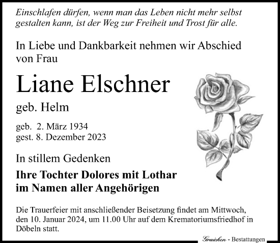 Traueranzeige von Liane Elschner von Leipziger Volkszeitung