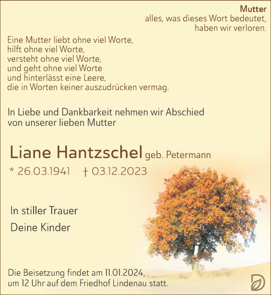 Traueranzeige von Liane Hantzschel von Leipziger Volkszeitung