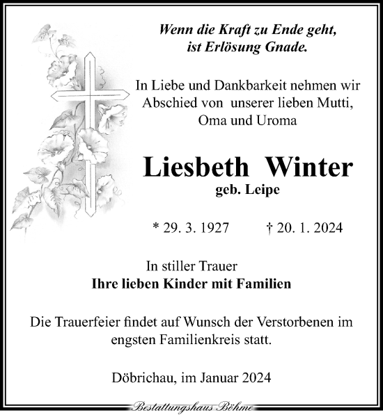 Traueranzeige von Liesbeth Winter von Torgauer Zeitung