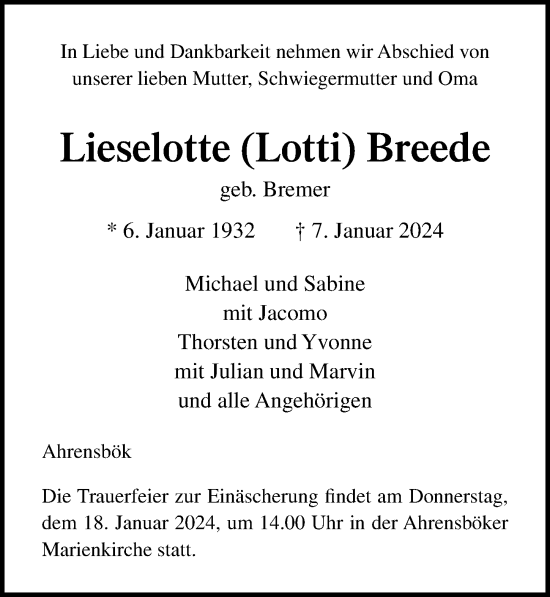 Traueranzeige von Lieselotte  Breede von Lübecker Nachrichten