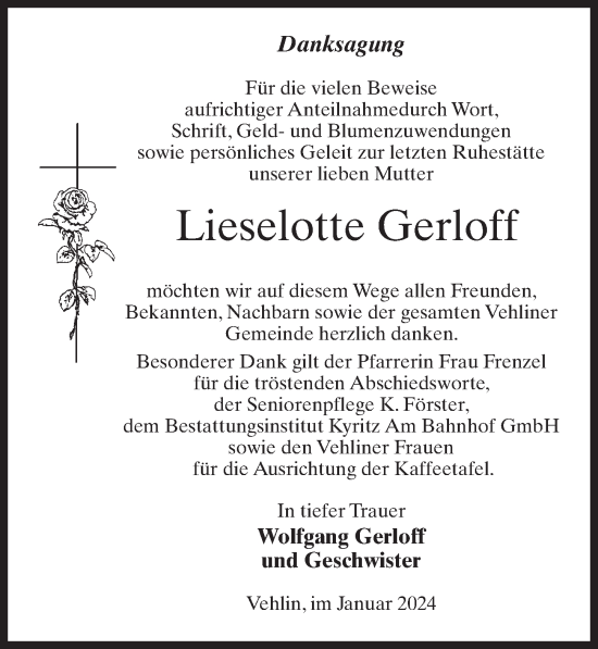 Traueranzeige von Lieselotte Gerloff von Wochenspiegel