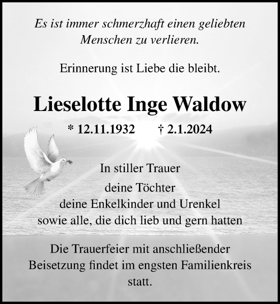 Traueranzeige von Lieselotte Inge Waldow von Ostsee-Zeitung GmbH