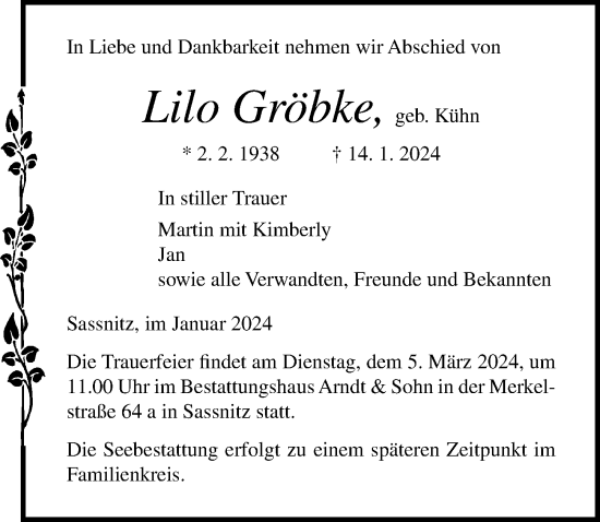 Traueranzeige von Lilo Gröbke von Ostsee-Zeitung GmbH