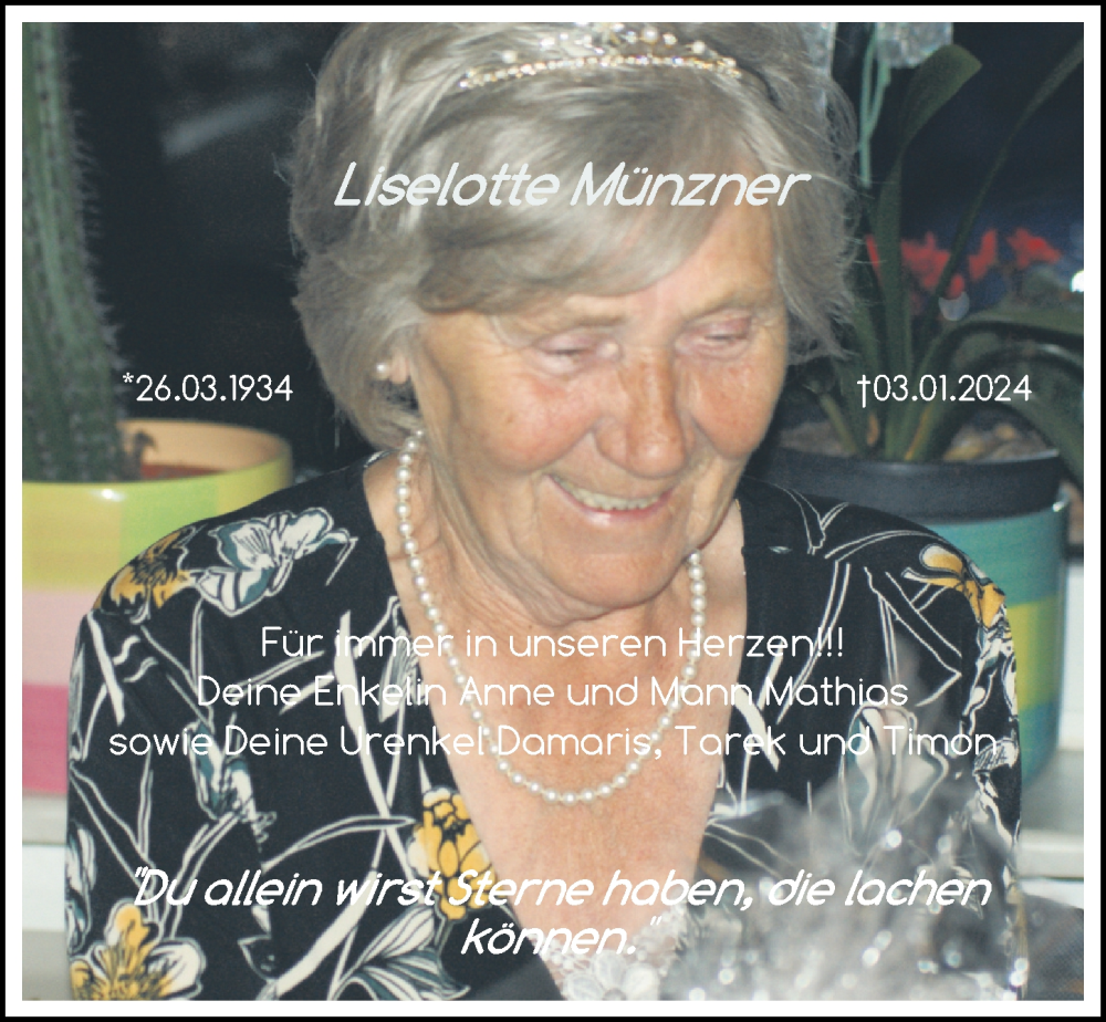  Traueranzeige für Liselotte Münzner vom 15.01.2024 aus Ostsee-Zeitung GmbH