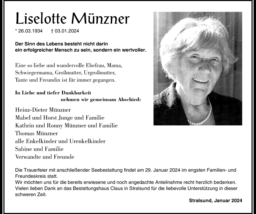  Traueranzeige für Liselotte Münzner vom 20.01.2024 aus Ostsee-Zeitung GmbH