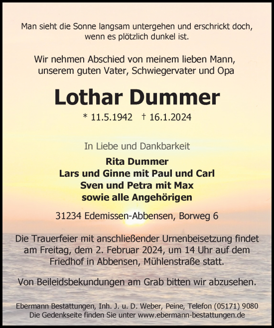 Traueranzeige von Lothar Dummer von Peiner Allgemeine Zeitung