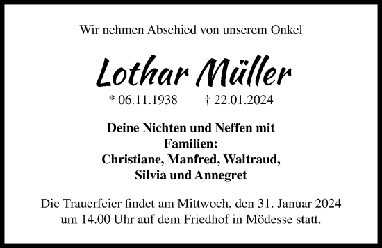 Traueranzeige von Lothar Müller von Peiner Allgemeine Zeitung
