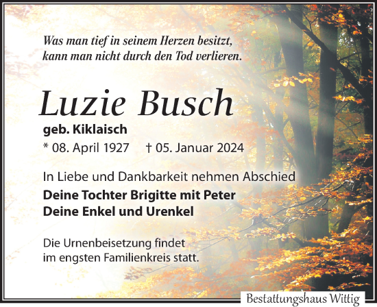 Traueranzeige von Luzie Busch von Leipziger Volkszeitung