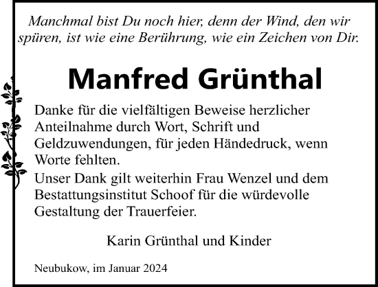 Traueranzeige von Manfred Grünthal von Ostsee-Zeitung GmbH