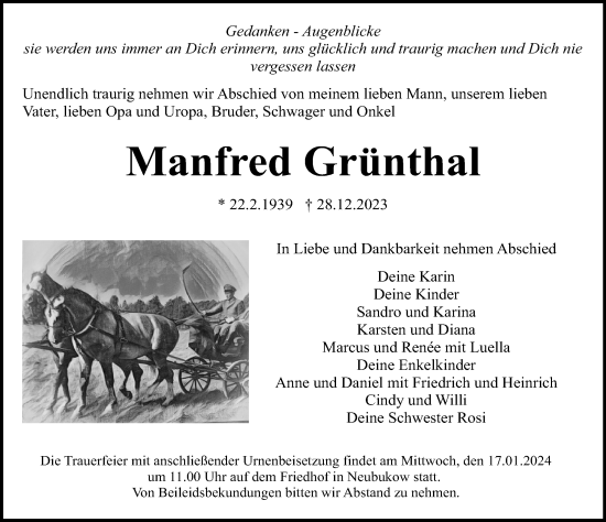 Traueranzeige von Manfred Grünthal von Ostsee-Zeitung GmbH