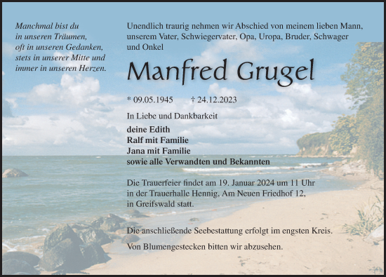 Traueranzeige von Manfred Grugel von Ostsee-Zeitung GmbH