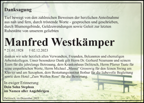 Traueranzeige von Manfred Westkämper von Leipziger Volkszeitung