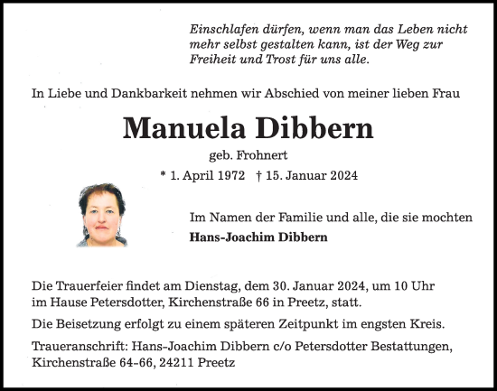 Traueranzeige von Manuela Dibbern von Kieler Nachrichten