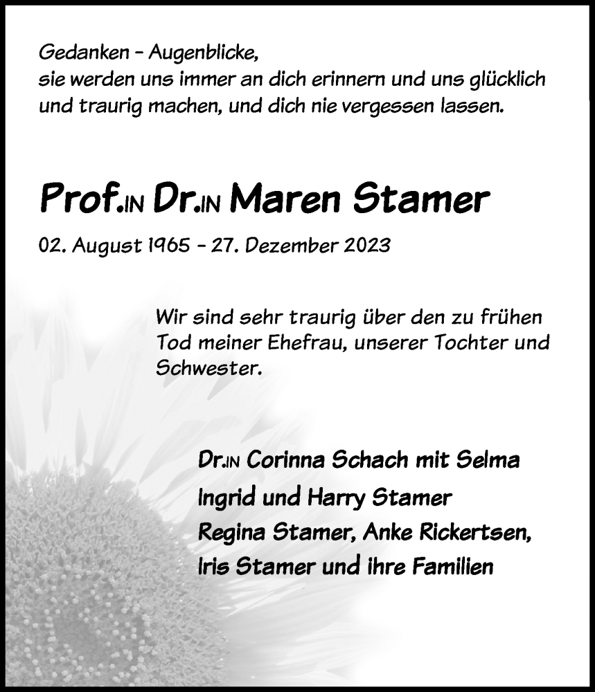  Traueranzeige für Maren Stamer vom 07.01.2024 aus Lübecker Nachrichten