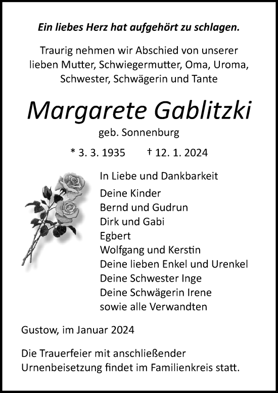 Traueranzeige von Margarete Gablitzki von Ostsee-Zeitung GmbH