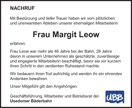 Traueranzeige von Margit Leow von Ostsee-Zeitung GmbH