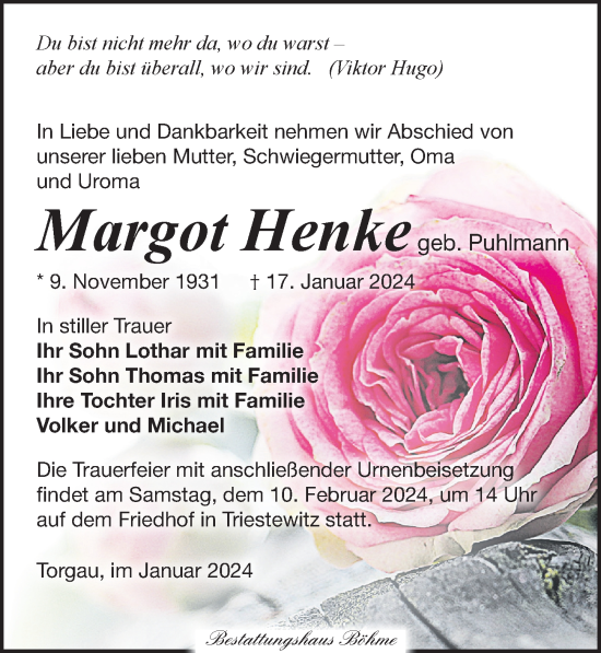 Traueranzeige von Margot Henke von Torgauer Zeitung