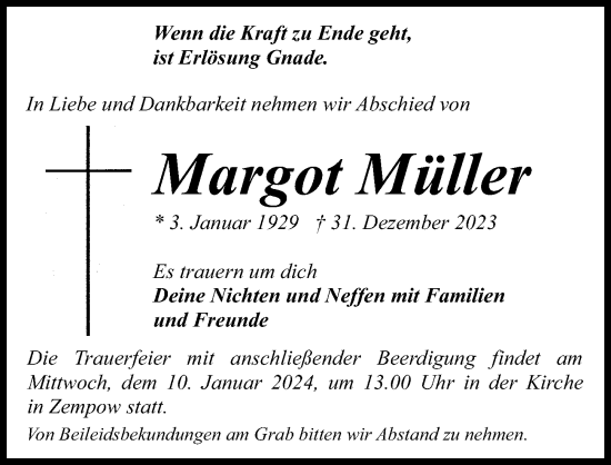 Traueranzeige von Margot Müller von Wochenspiegel
