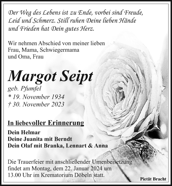 Traueranzeige von Margot Seipt von Leipziger Volkszeitung