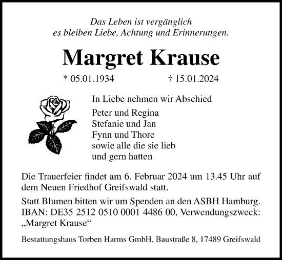 Traueranzeige von Margret Krause von Ostsee-Zeitung GmbH