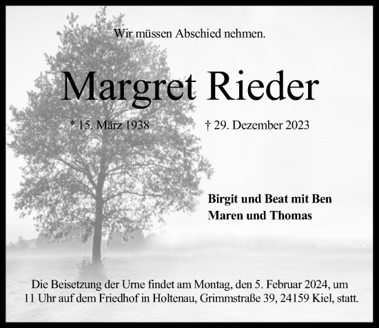 Traueranzeige von Margret Rieder von Kieler Nachrichten