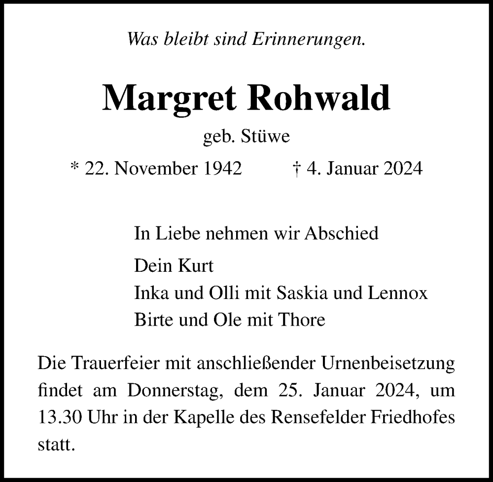  Traueranzeige für Margret Rohwald vom 14.01.2024 aus Lübecker Nachrichten