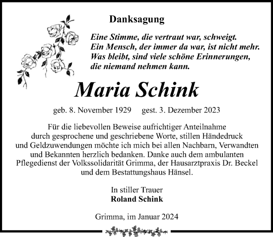 Traueranzeige von Maria Schink von Leipziger Volkszeitung