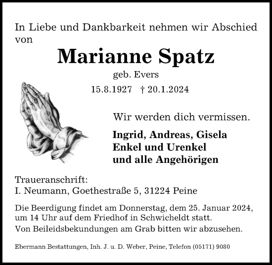 Traueranzeige von Marianne Spatz von Peiner Allgemeine Zeitung