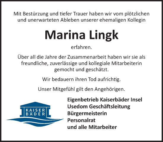 Traueranzeige von Marina Lingk von Ostsee-Zeitung GmbH